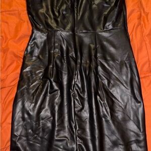 Elegant Black Midi Faux Leather Dress
